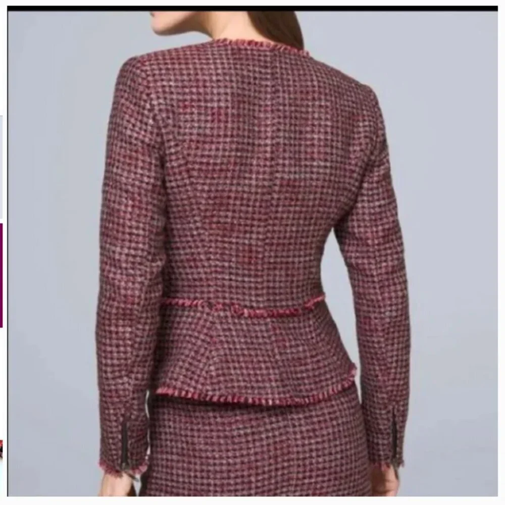 White House Black Market Tweed  Plaid Tweed Fringe Metallic Jacket Size 4 - Picture 2 of 10